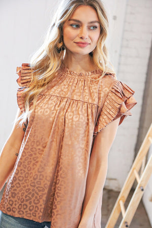 Copper Satin Leopard Print Pleated Ruffle Cap Sleeve Top