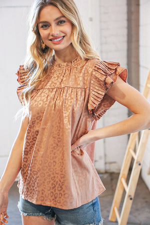 Copper Satin Leopard Print Pleated Ruffle Cap Sleeve Top