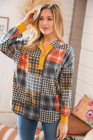 Plaid Patchwork Button Down Losse Fit Hoodie