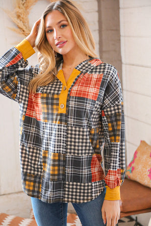 Plaid Patchwork Button Down Losse Fit Hoodie