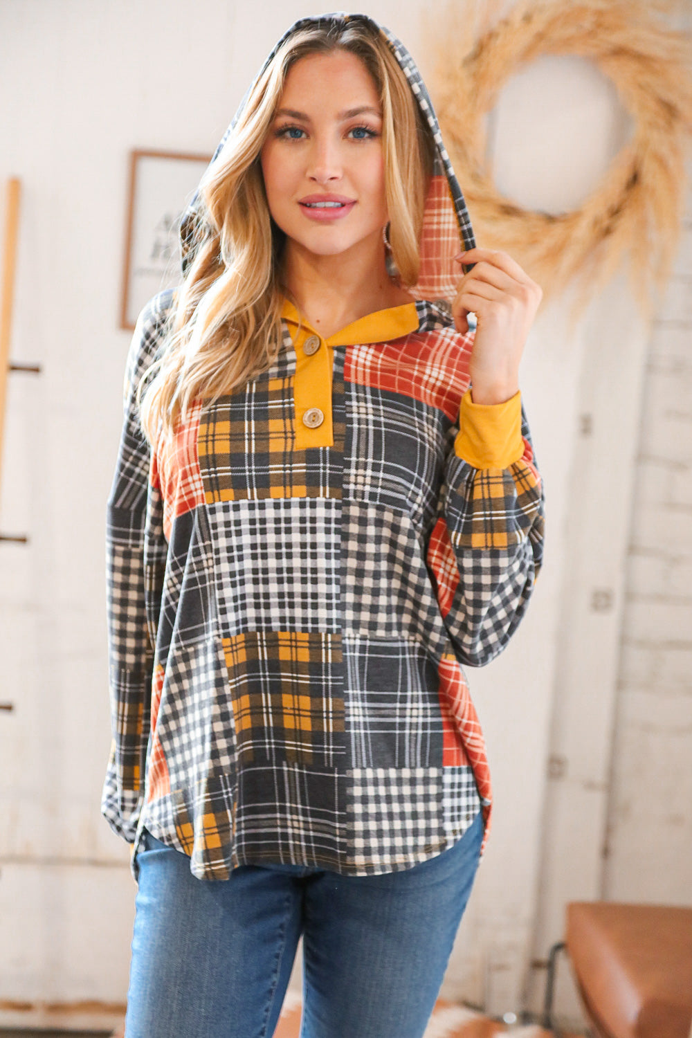 Plaid Patchwork Button Down Losse Fit Hoodie