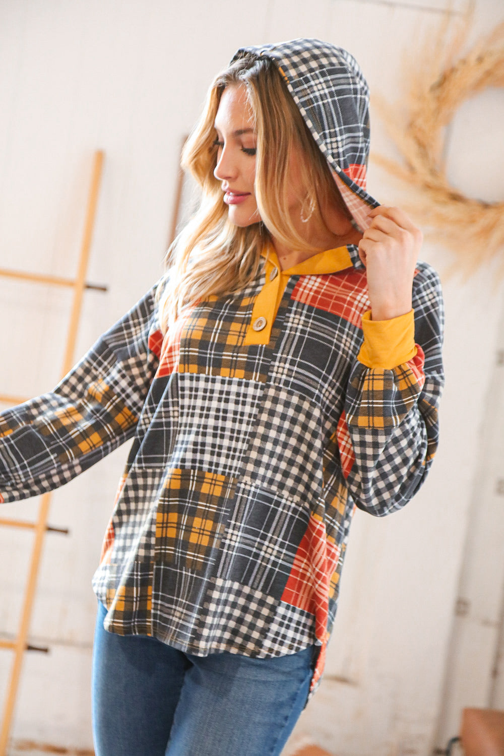 Plaid Patchwork Button Down Losse Fit Hoodie