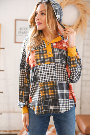 Plaid Patchwork Button Down Losse Fit Hoodie