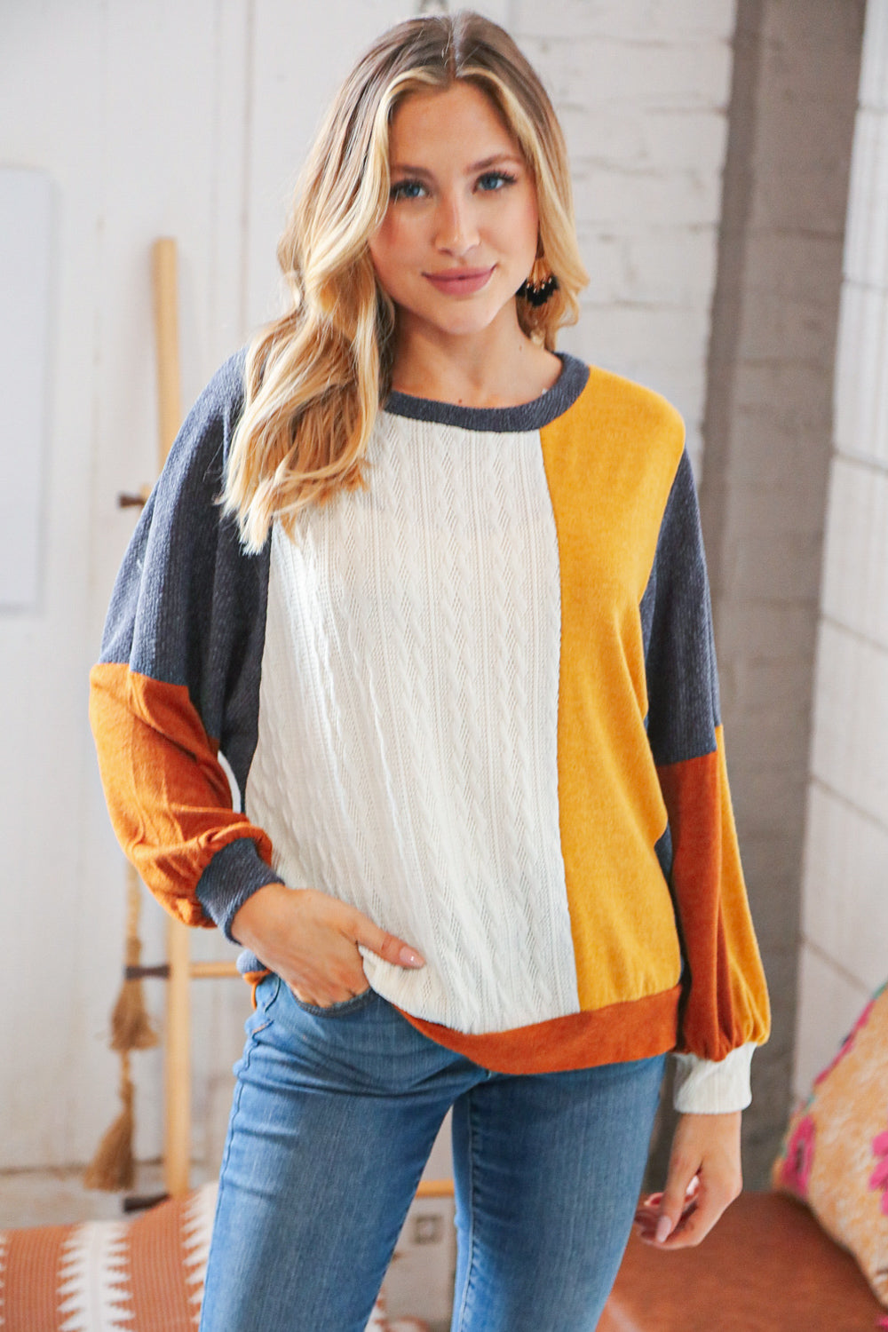 Mustard Cable Knit Hacci &  Jacquard Color Block Pullover