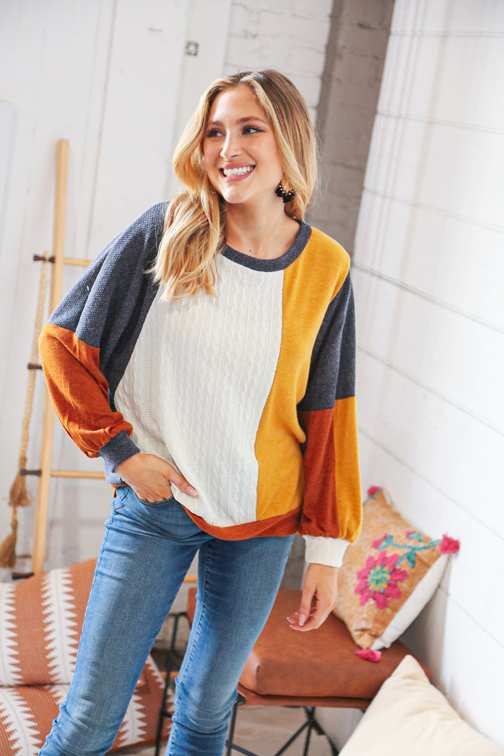 Mustard Cable Knit Hacci &  Jacquard Color Block Pullover