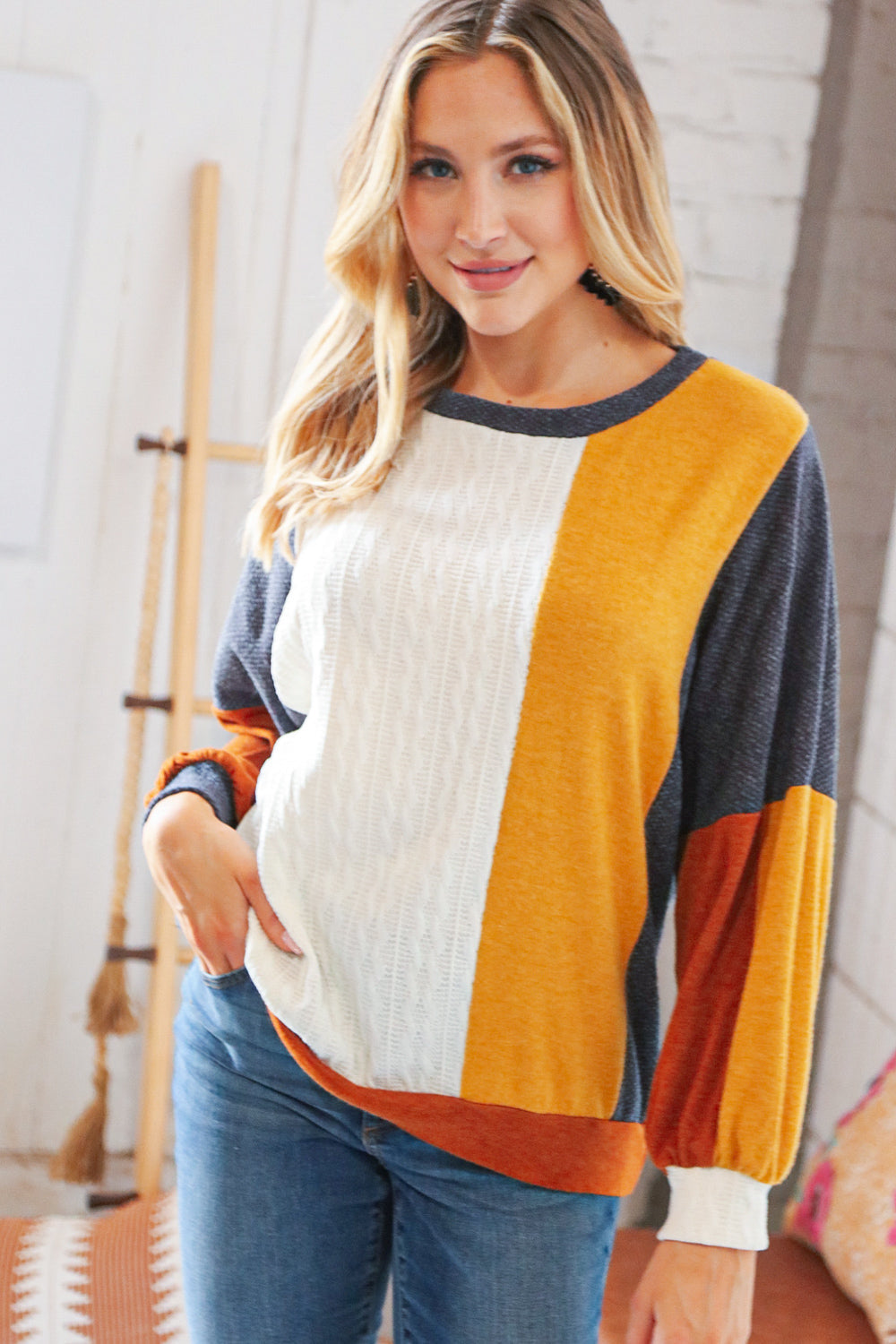 Mustard Cable Knit Hacci &  Jacquard Color Block Pullover