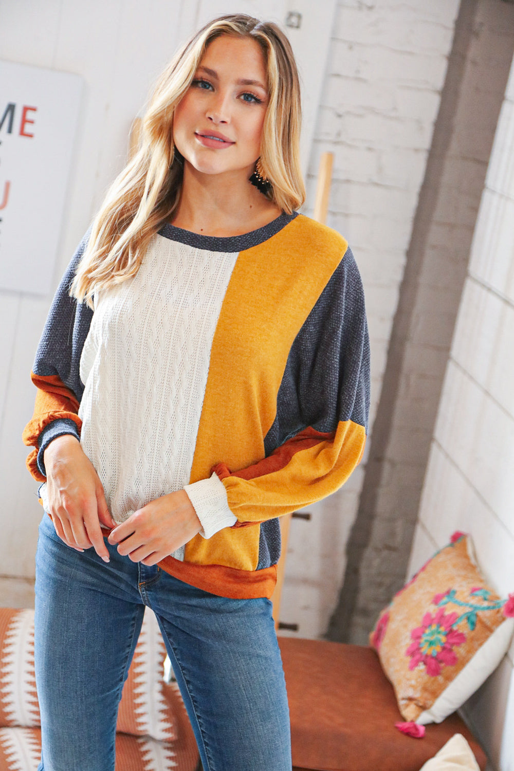 Mustard Cable Knit Hacci &  Jacquard Color Block Pullover