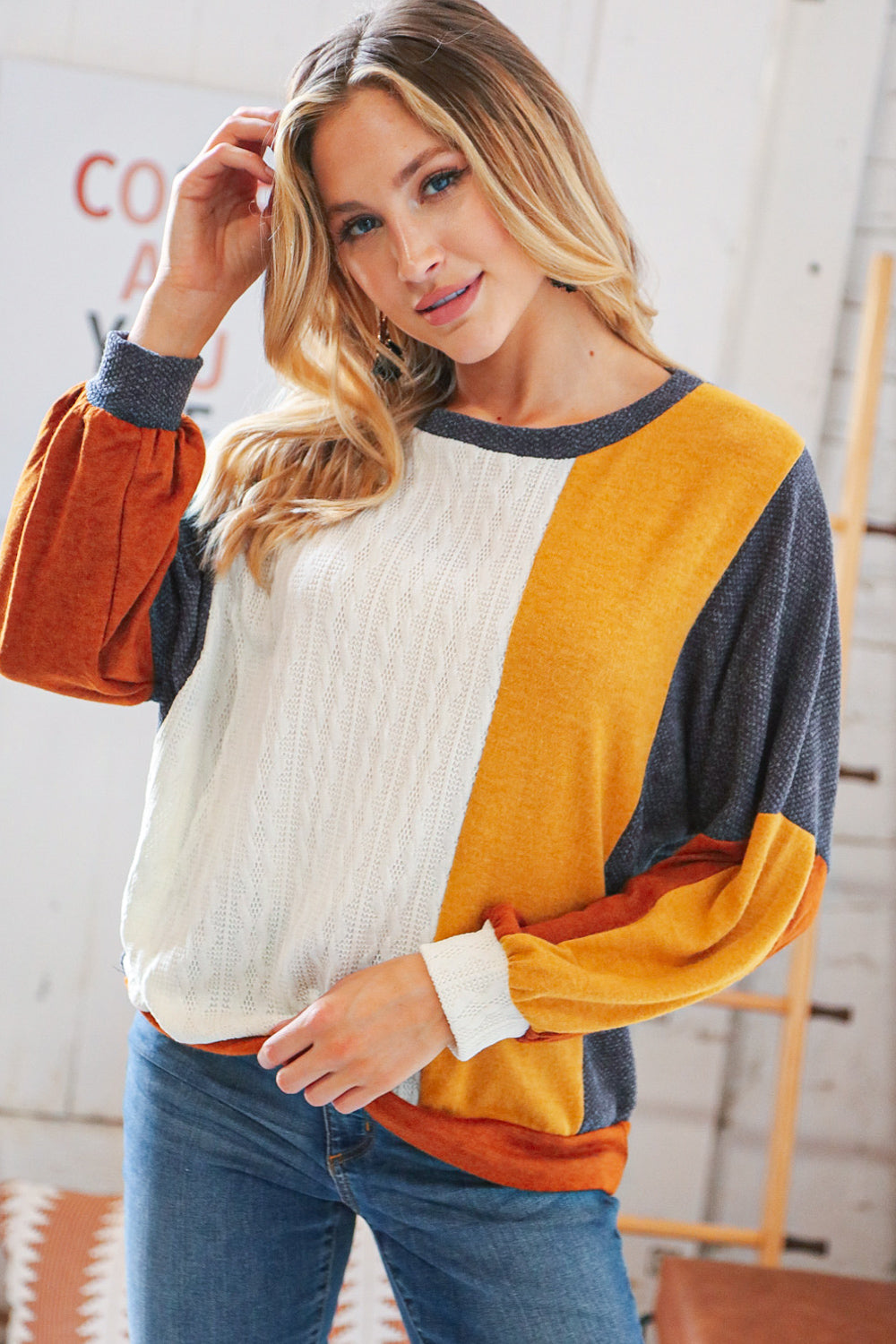 Mustard Cable Knit Hacci &  Jacquard Color Block Pullover