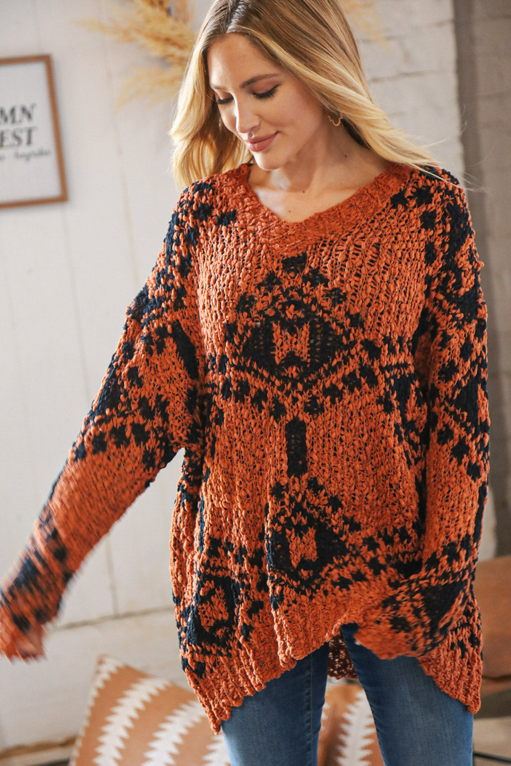 Rust Aztec V Neck Popcorn Knit Sweater