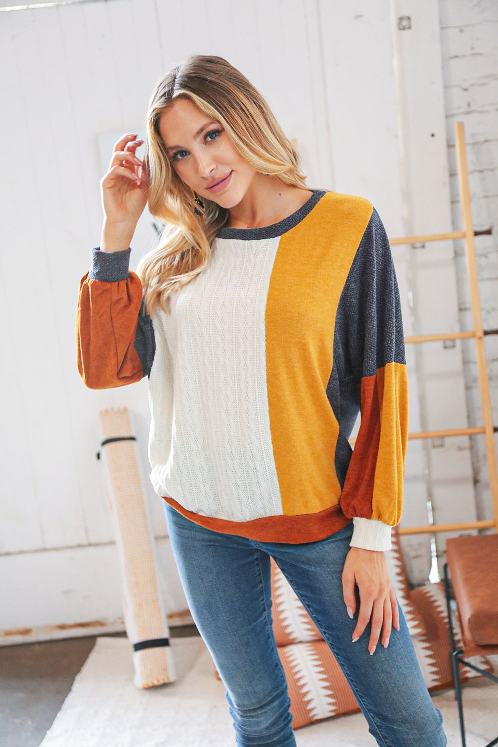 Mustard Cable Knit Hacci &  Jacquard Color Block Pullover