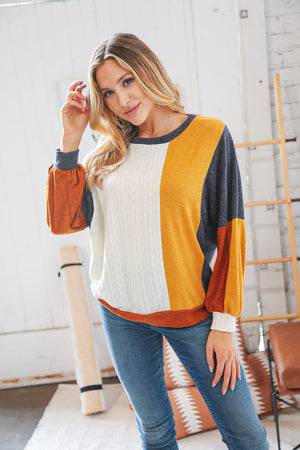 Mustard Cable Knit Hacci &  Jacquard Color Block Pullover