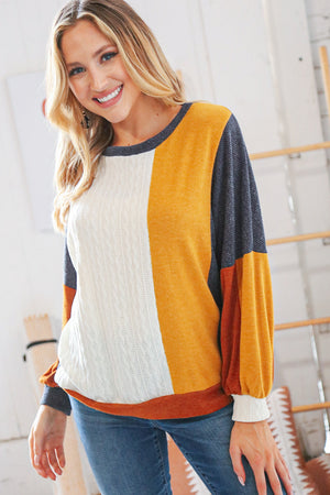 Mustard Cable Knit Hacci &  Jacquard Color Block Pullover