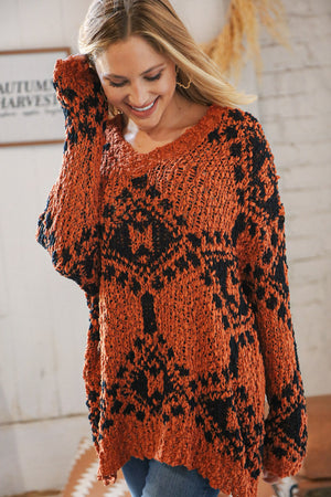 Rust Aztec V Neck Popcorn Knit Sweater