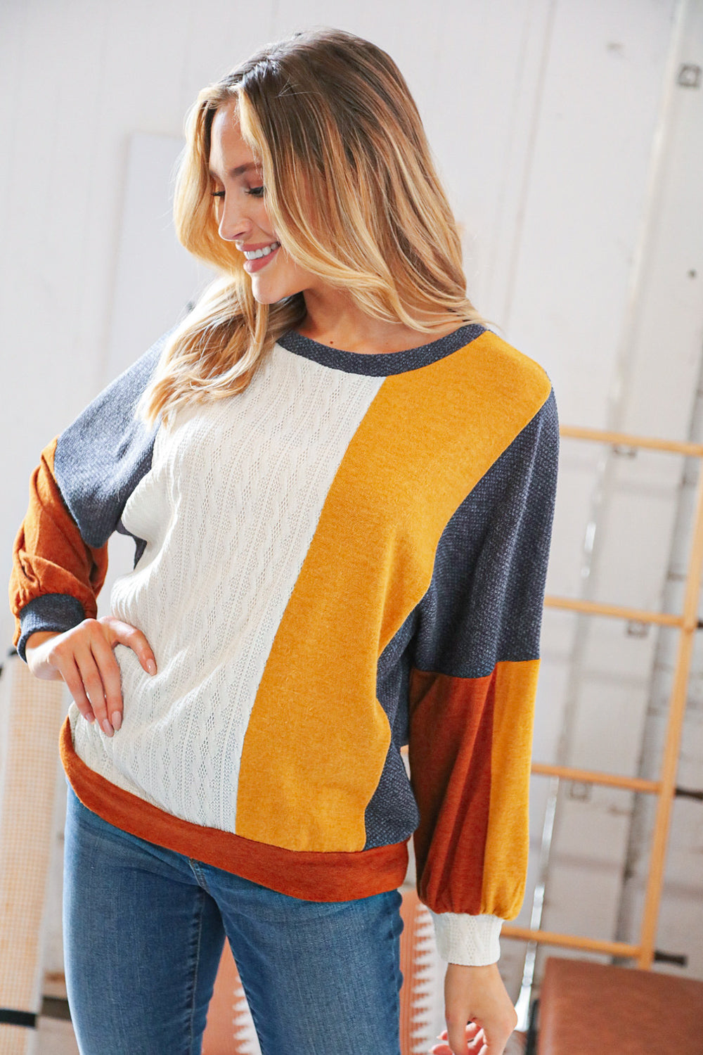 Mustard Cable Knit Hacci &  Jacquard Color Block Pullover