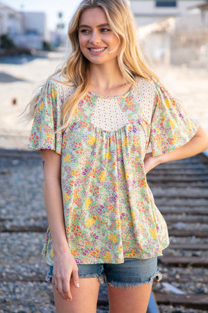 Multicolor Floral Eyelet Yoke Short Sleeve Flutter Top