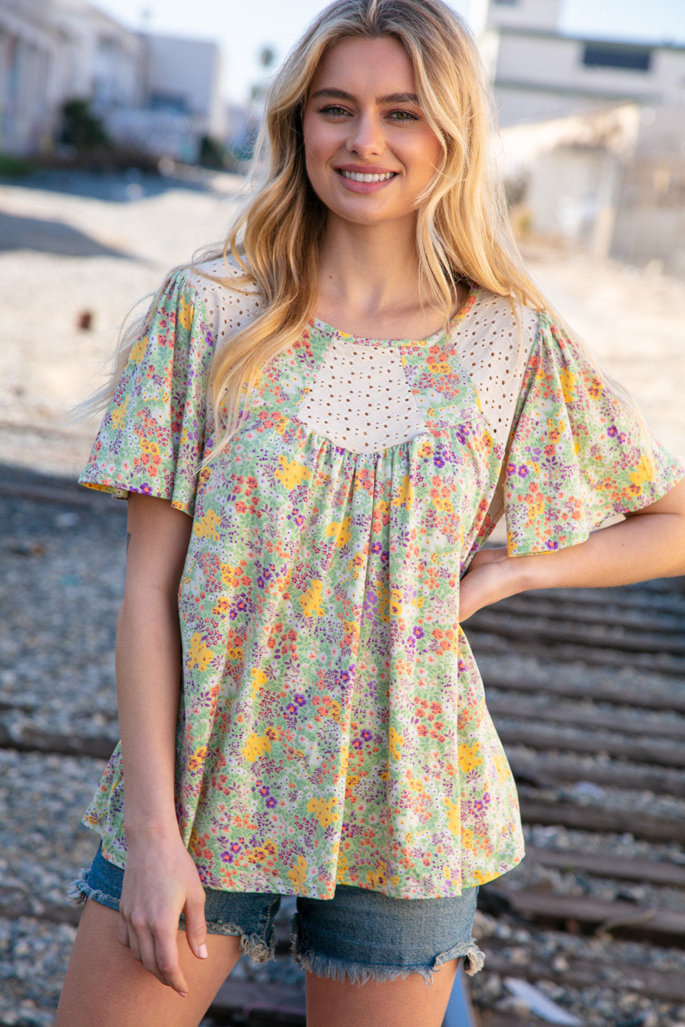 Multicolor Floral Eyelet Yoke Short Sleeve Flutter Top