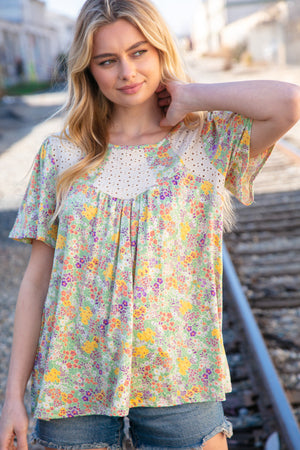 Multicolor Floral Eyelet Yoke Short Sleeve Flutter Top