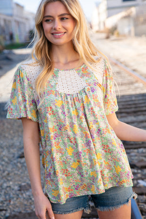 Multicolor Floral Eyelet Yoke Short Sleeve Flutter Top