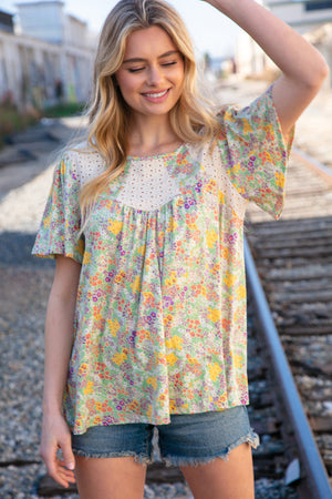 Multicolor Floral Eyelet Yoke Short Sleeve Flutter Top