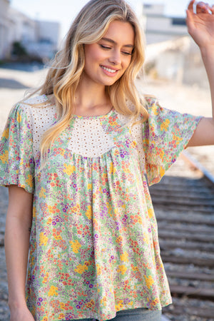 Multicolor Floral Eyelet Yoke Short Sleeve Flutter Top