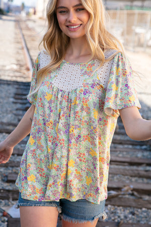 Multicolor Floral Eyelet Yoke Short Sleeve Flutter Top