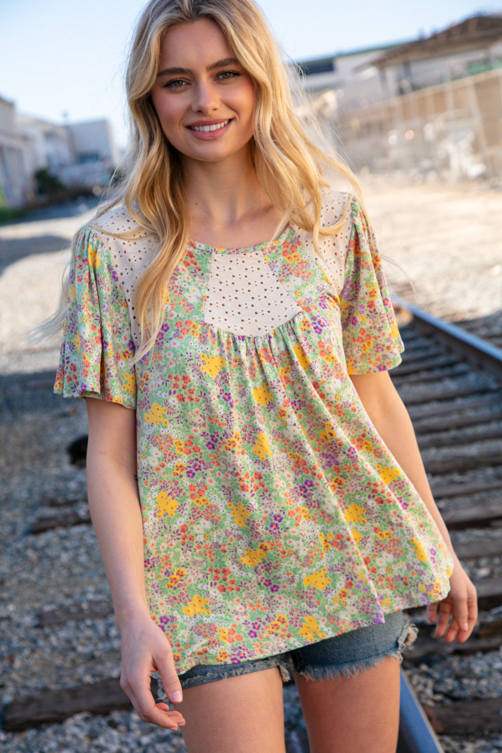 Multicolor Floral Eyelet Yoke Short Sleeve Flutter Top