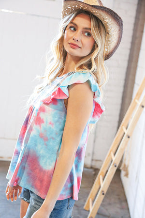 Multicolor Slub Knit Tie Dye Smocked Flutter Sleeve Top