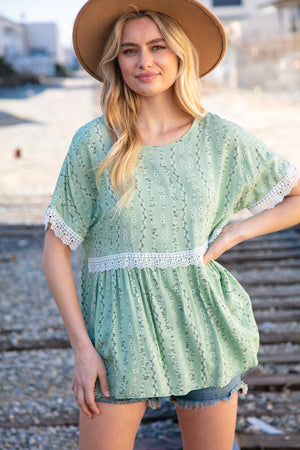 Sage Floral Challis Woven Short Sleeve Crochet Blouse