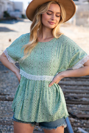 Sage Floral Challis Woven Short Sleeve Crochet Blouse