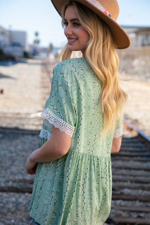 Sage Floral Challis Woven Short Sleeve Crochet Blouse