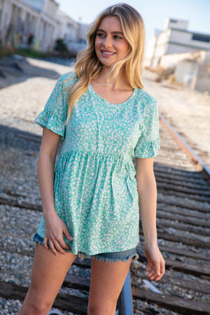 Mint Ditzy Floral Babydoll Short Ruffle Sleeve Top