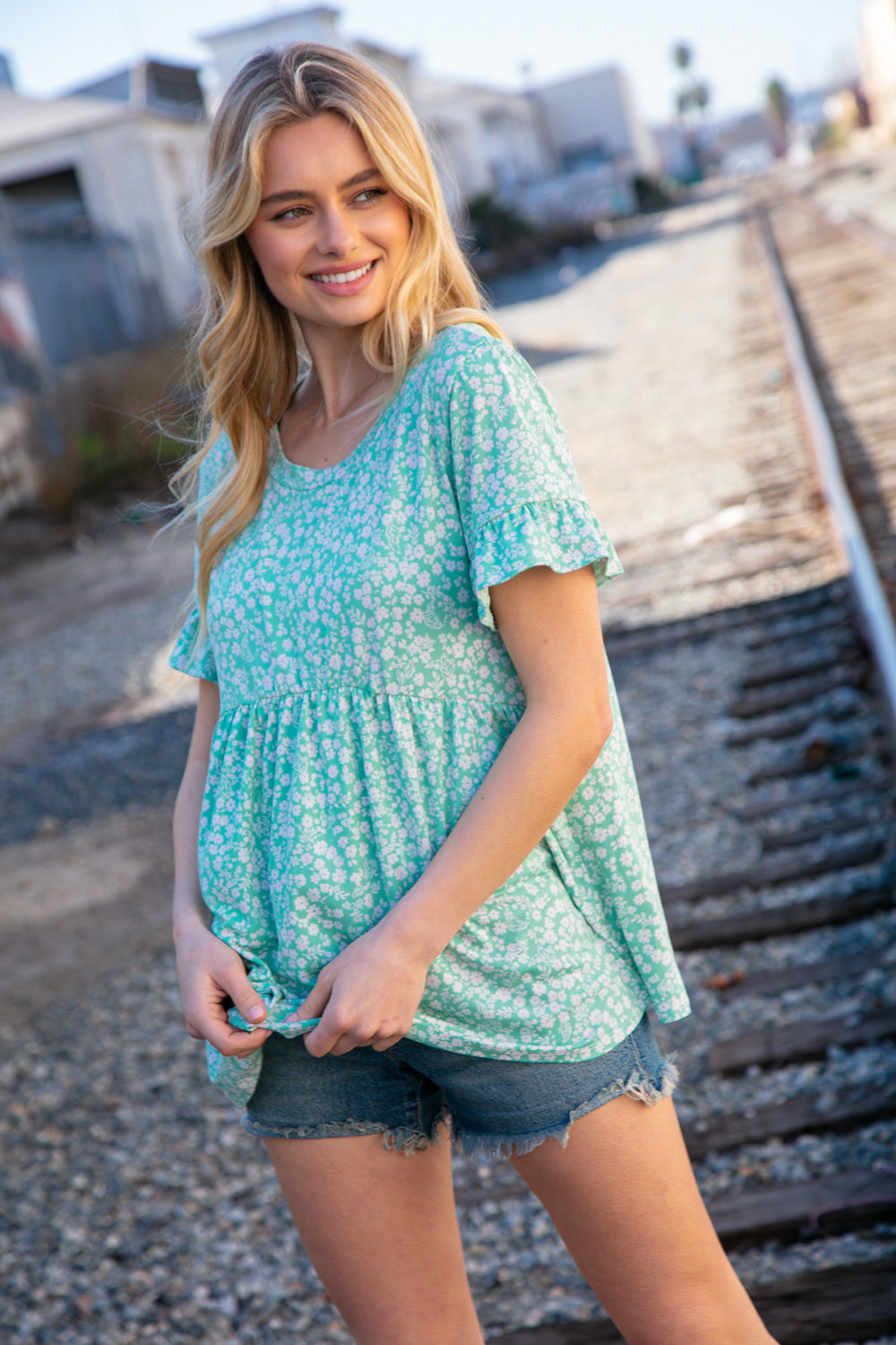 Mint Ditzy Floral Babydoll Short Ruffle Sleeve Top