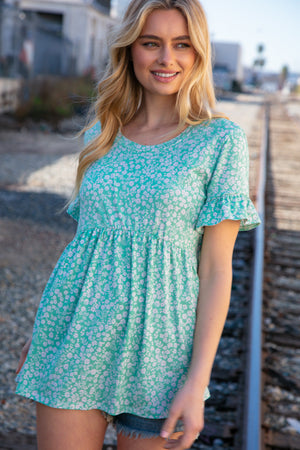 Mint Ditzy Floral Babydoll Short Ruffle Sleeve Top