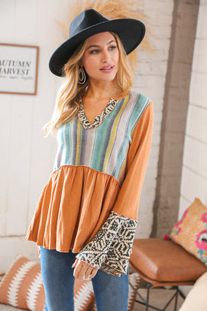 Camel Hacci Multi Stripe Aztec Bell Sleeve Top