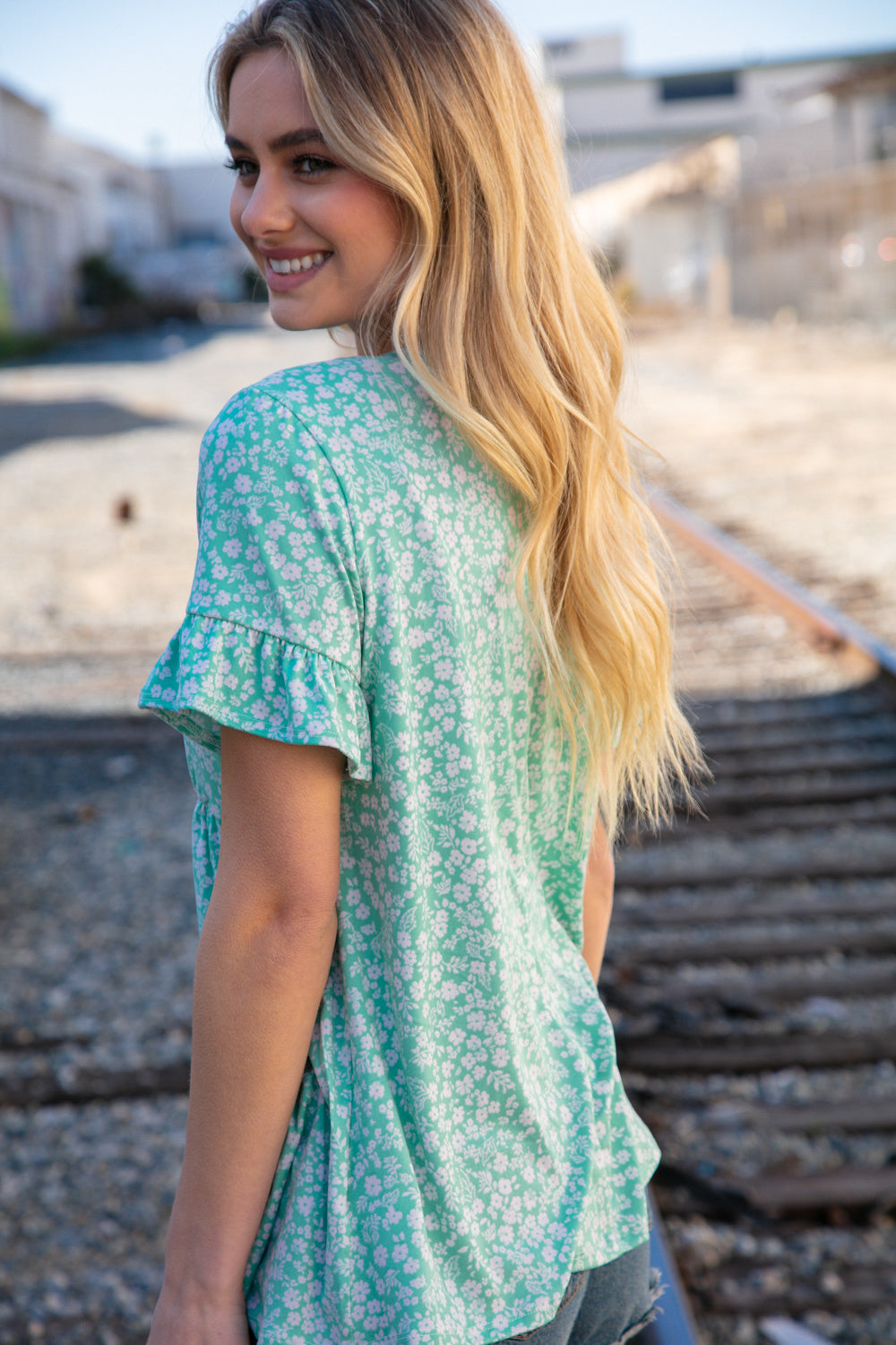 Mint Ditzy Floral Babydoll Short Ruffle Sleeve Top