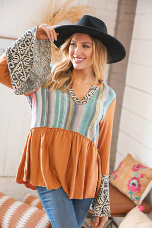 Camel Hacci Multi Stripe Aztec Bell Sleeve Top