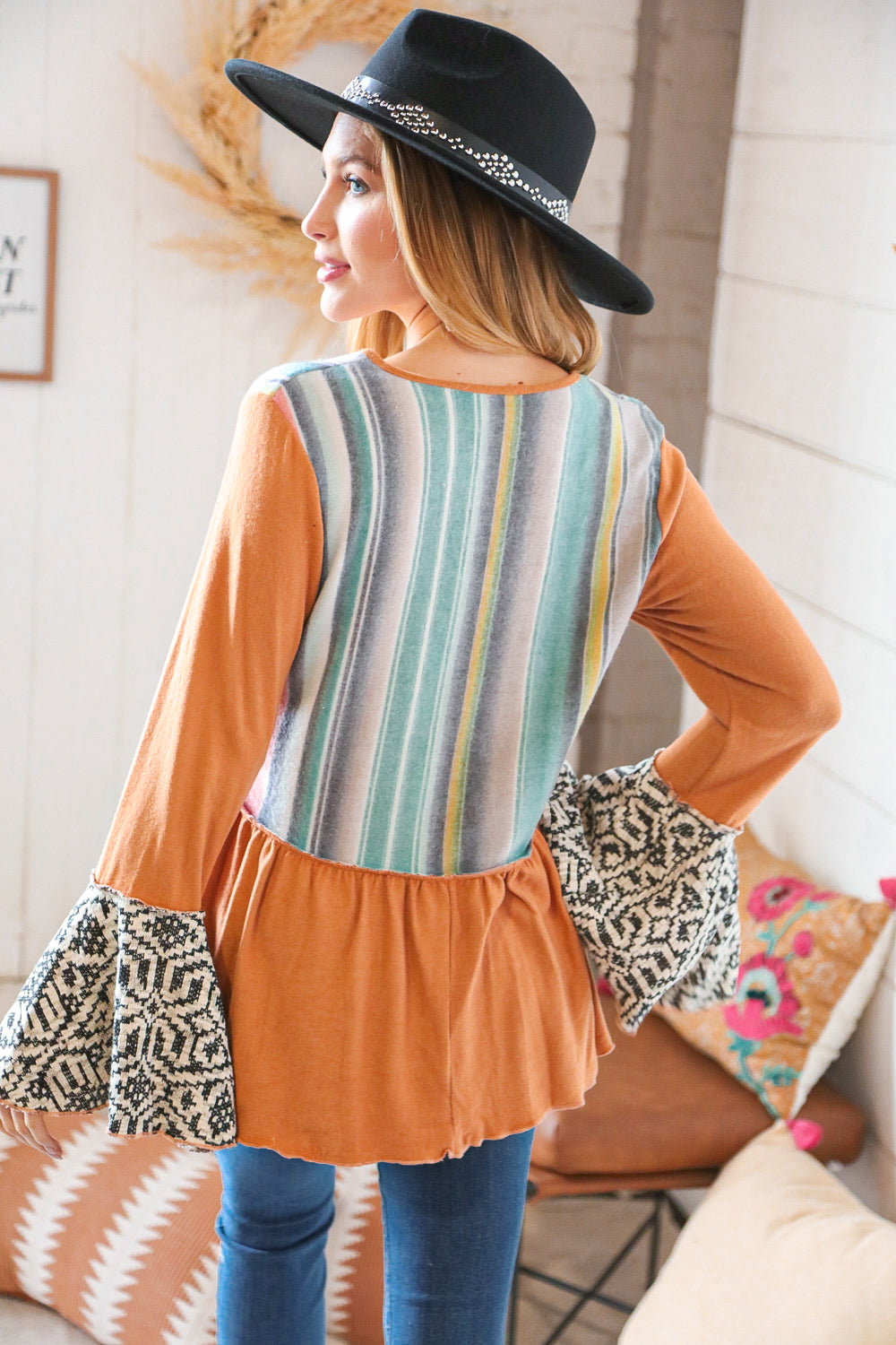 Camel Hacci Multi Stripe Aztec Bell Sleeve Top