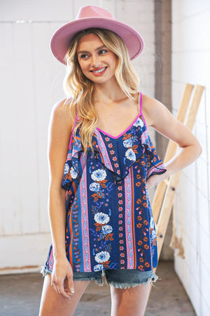 Blue & Plum Boho V Neck Ruffle Tank Top