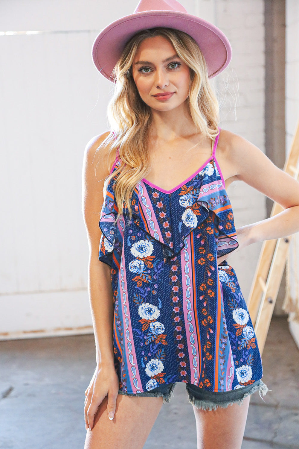 Blue & Plum Boho V Neck Ruffle Tank Top