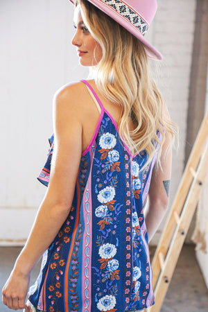 Blue & Plum Boho V Neck Ruffle Tank Top