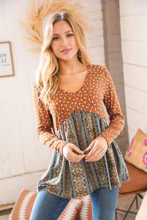 Brown Ditzy Floral & Ethnic Stripe Babydoll Top