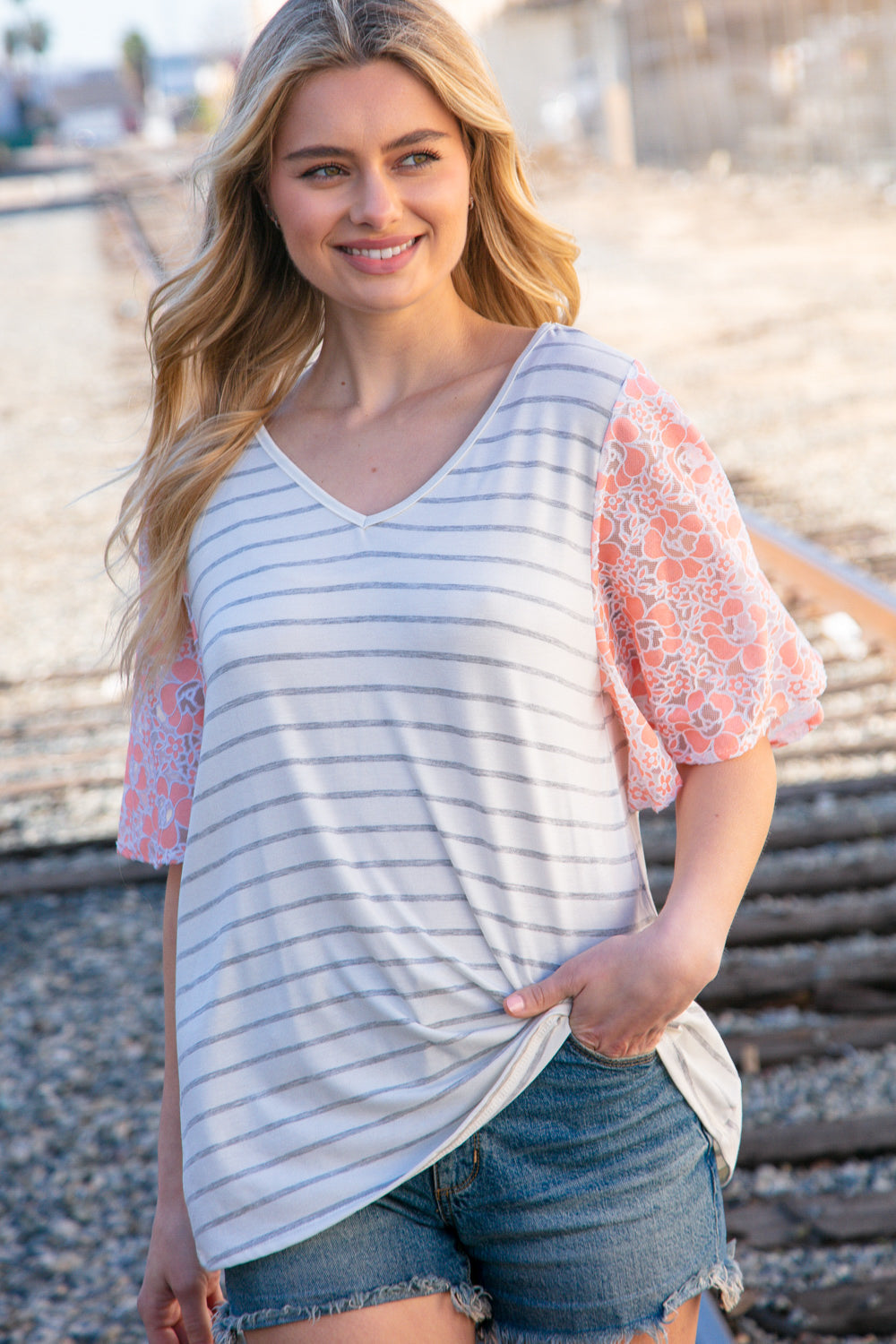 Peach Stripe & Floral Burn Out Lace Flutter Sleeve Top