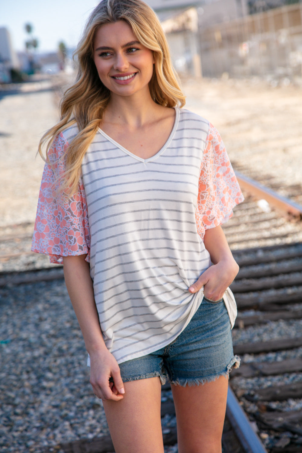 Peach Stripe & Floral Burn Out Lace Flutter Sleeve Top