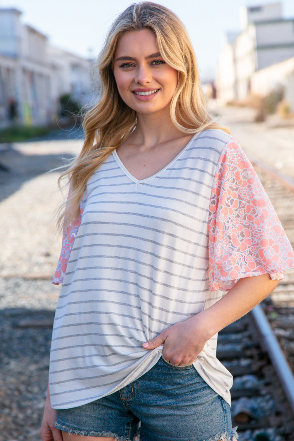 Peach Stripe & Floral Burn Out Lace Flutter Sleeve Top