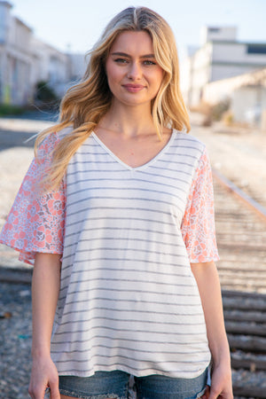 Peach Stripe & Floral Burn Out Lace Flutter Sleeve Top