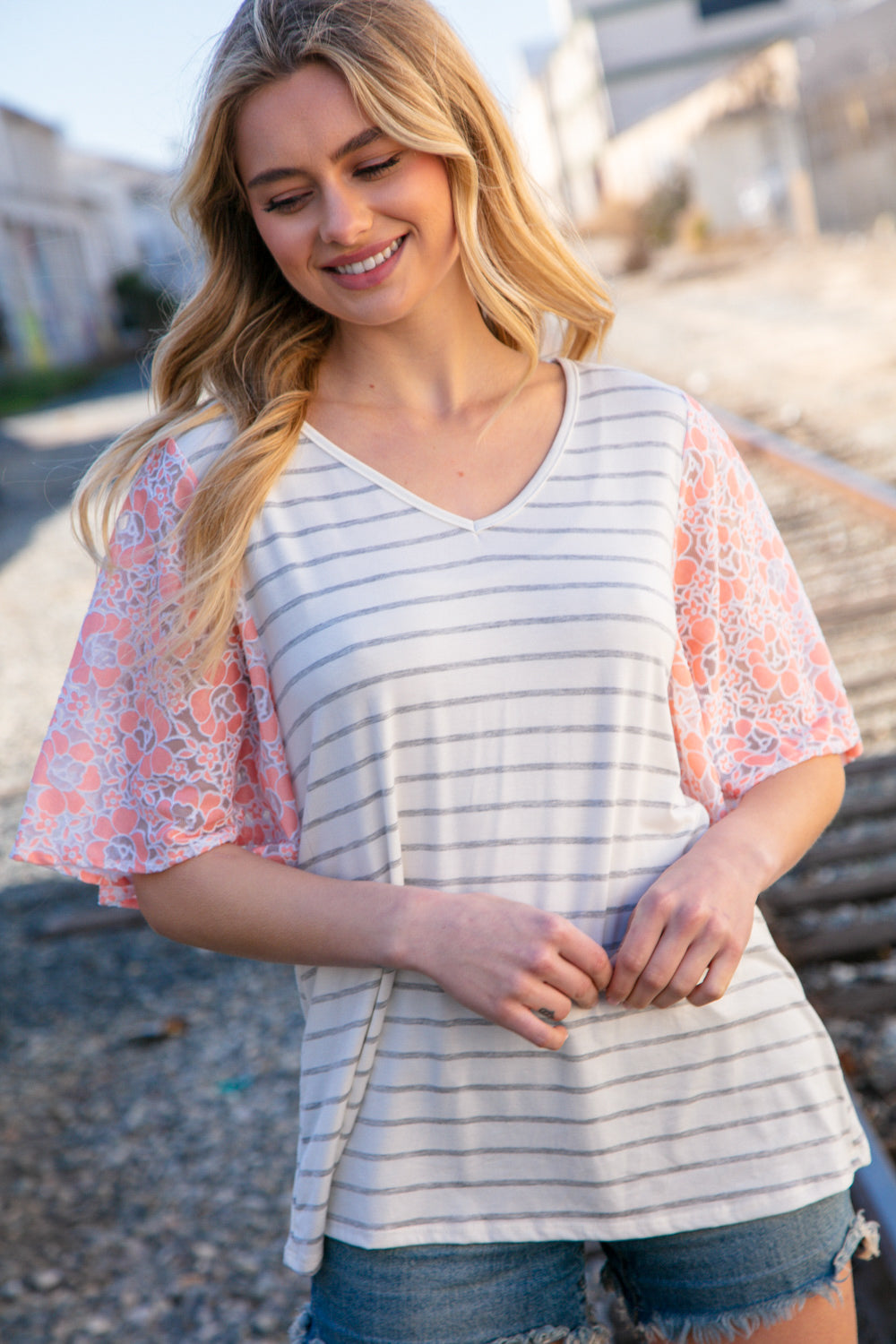 Peach Stripe & Floral Burn Out Lace Flutter Sleeve Top