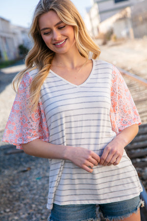 Peach Stripe & Floral Burn Out Lace Flutter Sleeve Top