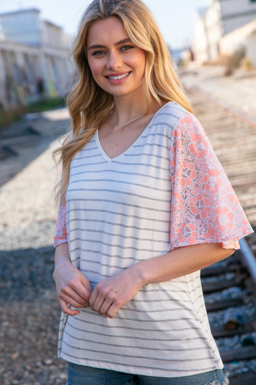 Peach Stripe & Floral Burn Out Lace Flutter Sleeve Top