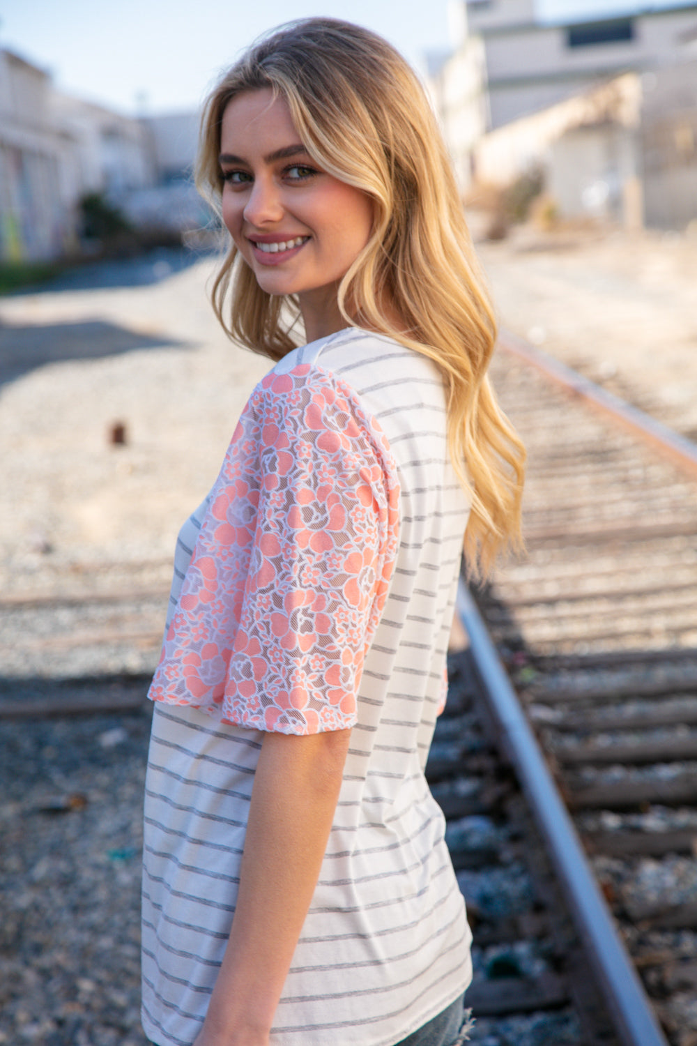 Peach Stripe & Floral Burn Out Lace Flutter Sleeve Top