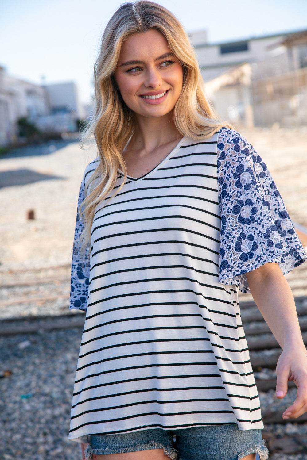 Navy Stripe & Floral Burn Out Lace Flutter Sleeve Top